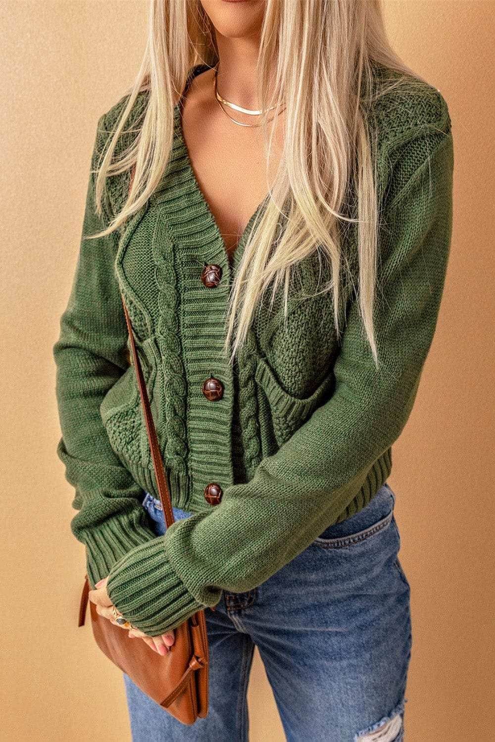 Cable-Knit Button Down V-Neck Cardigan - Trendsi - Flyclothing LLC