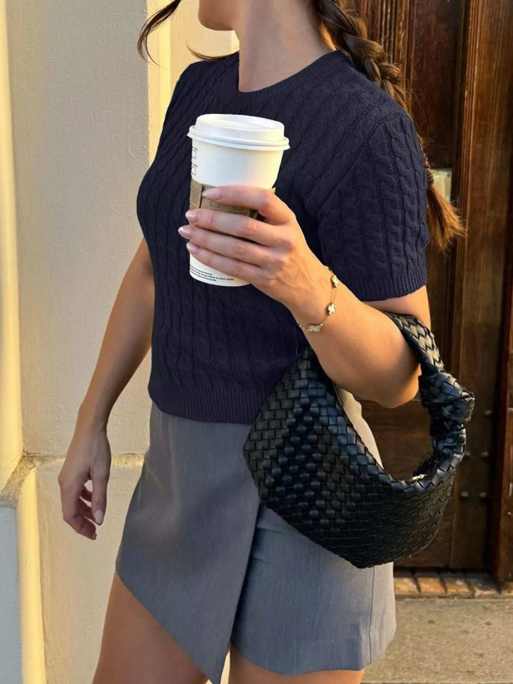 Cable-Knit Short Sleeve Sweater - Trendsi - Flyclothing LLC
