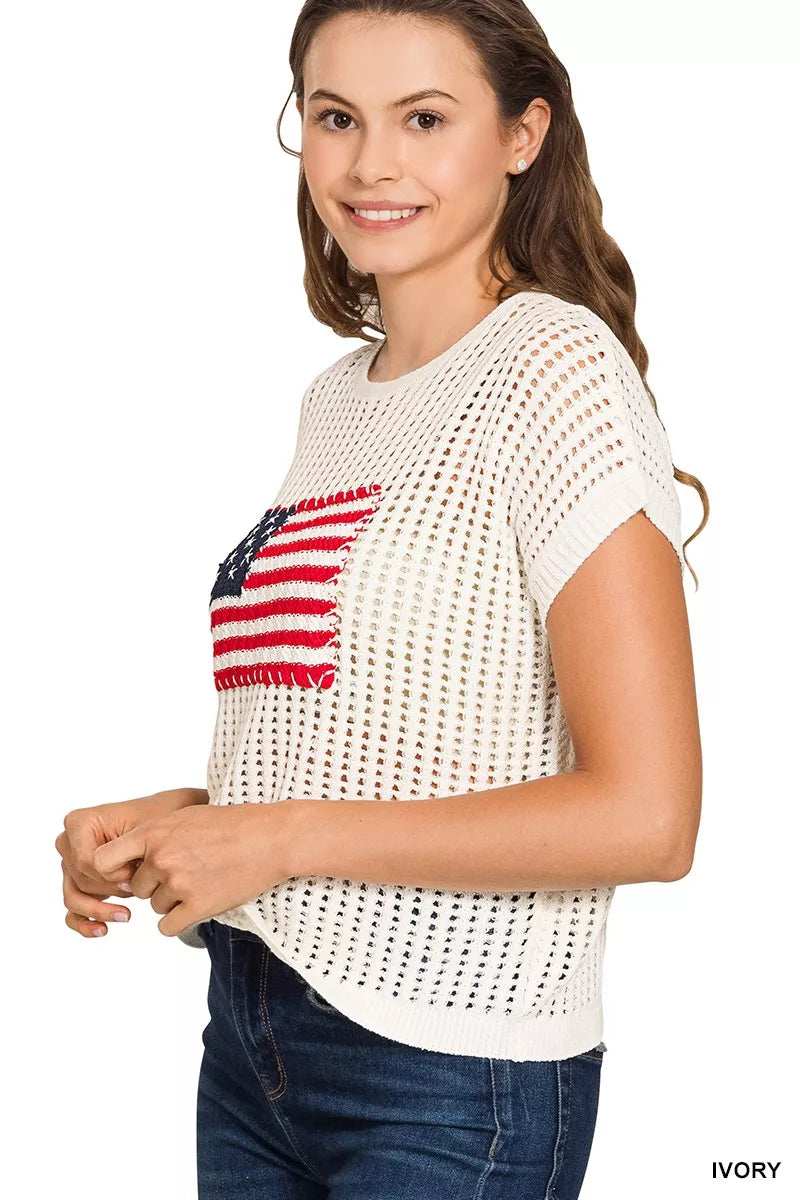 Zenana Viscose American Flag Openwork Knit Top - Trendsi - Flyclothing LLC