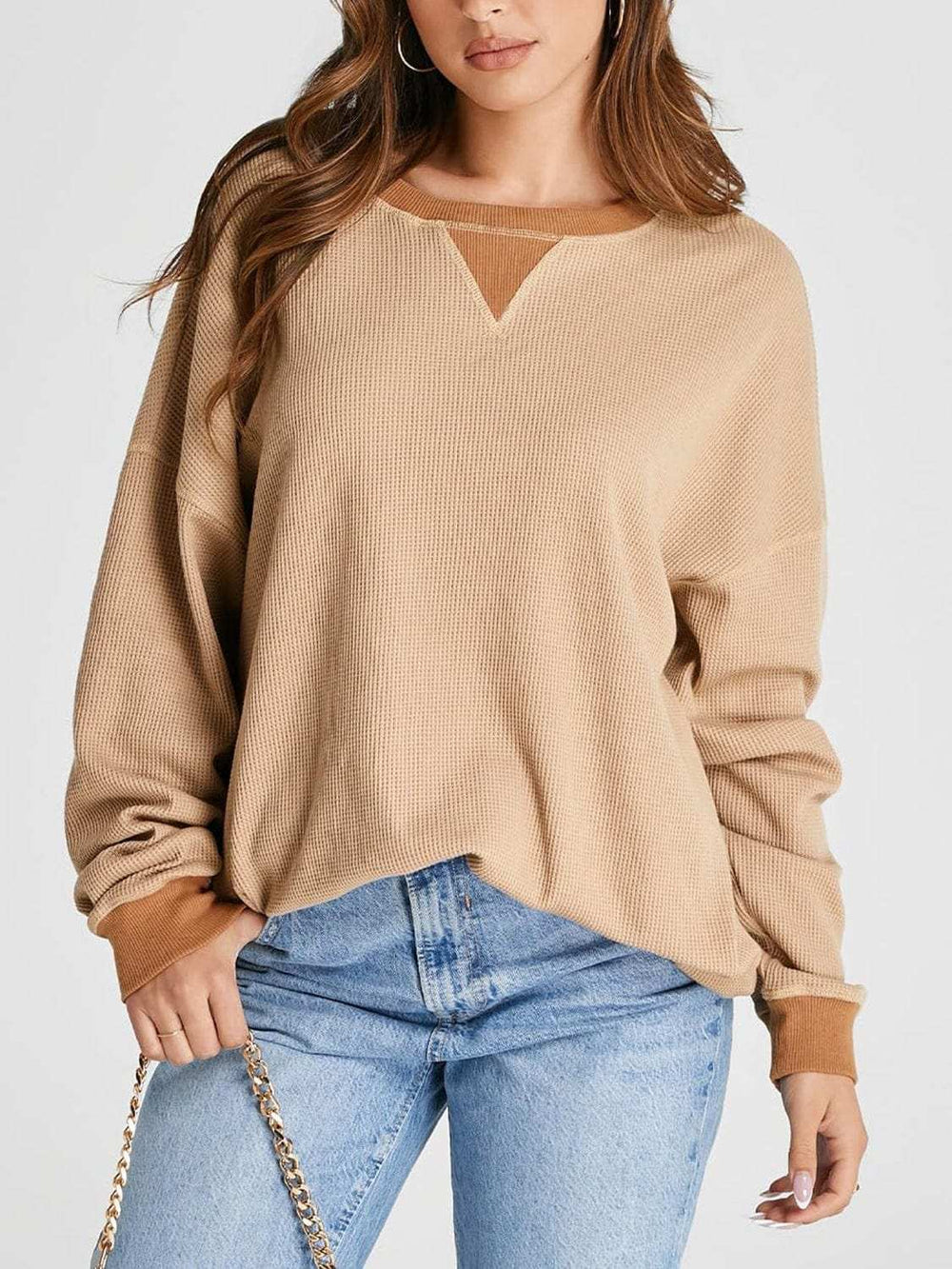 Waffle Knit Round Neck Long Sleeve T-Shirt - Trendsi - Flyclothing LLC