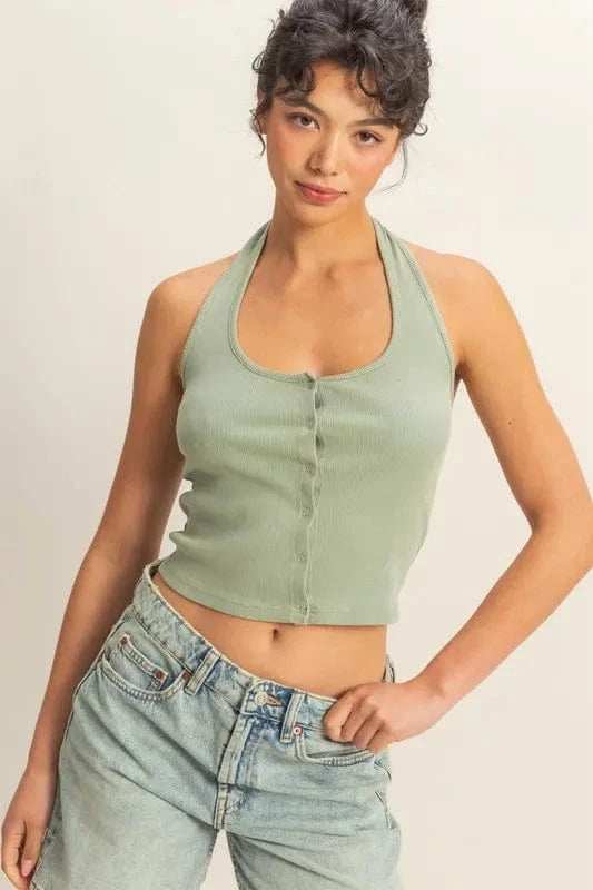 HYFVE Halter Neck Buttoned Washed Top - Trendsi - Flyclothing LLC