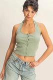 HYFVE Halter Neck Buttoned Washed Top - Trendsi - Flyclothing LLC