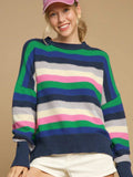 Contrast Striped Round Neck Long Sleeve Sweater - Trendsi - Flyclothing LLC