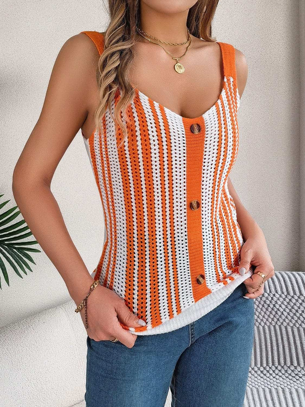 Openwork Striped V-Neck Tank - Trendsi - Flyclothing LLC