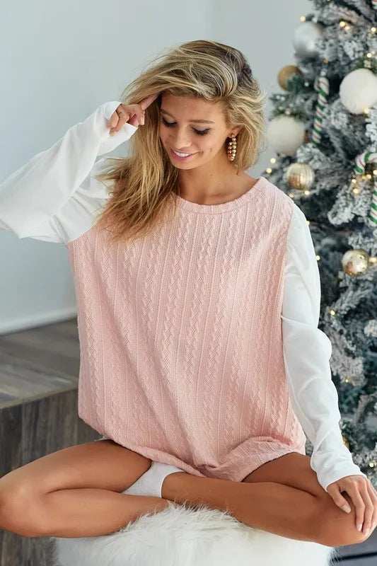 BiBi Cable Sweater Knit Top with Contrast Puff Sleeve - Trendsi - Flyclothing LLC