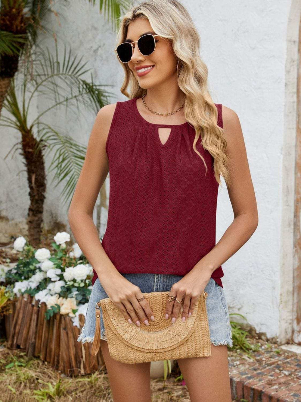 Eyelet Cutout Round Neck Tank - Trendsi - Flyclothing LLC