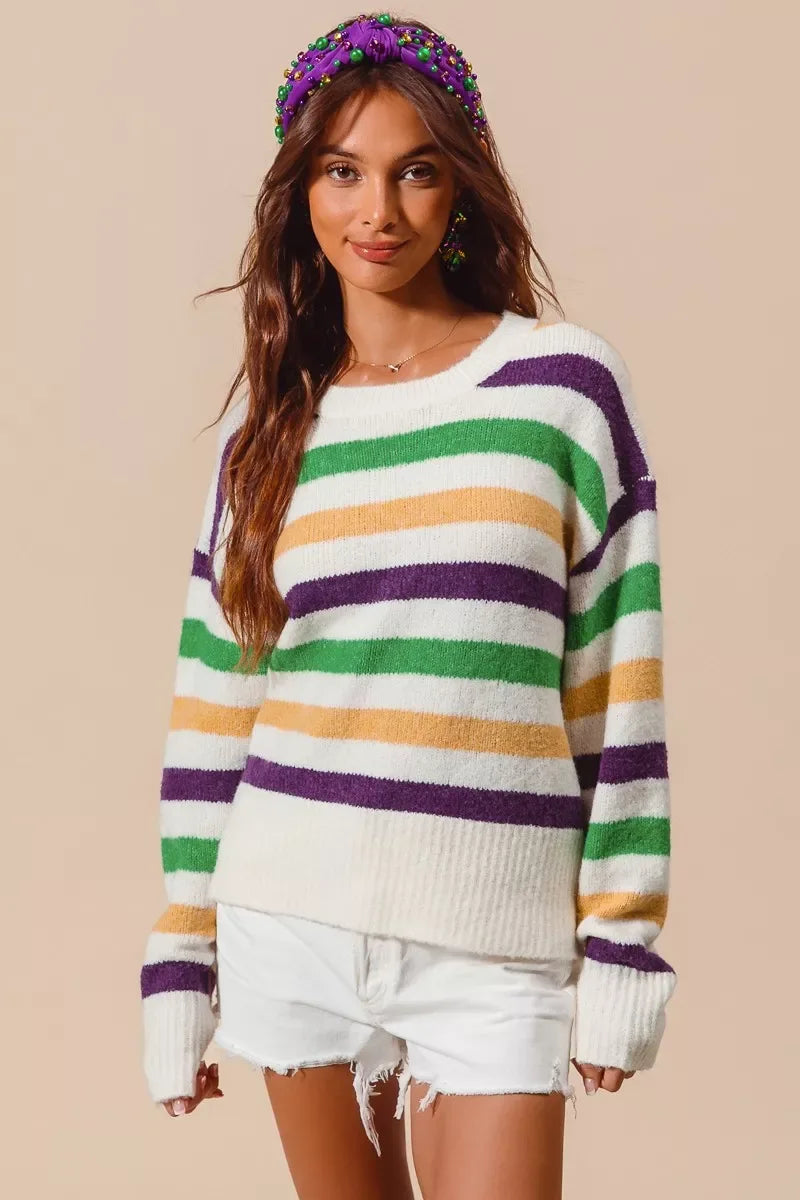 SO ME Mardi Gras Color Stripe Round Neck Sweater Top - Trendsi - Flyclothing LLC