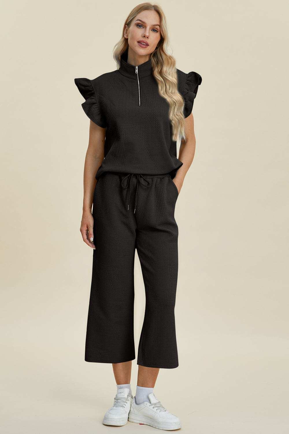 Double Take Full Size Texture Ruffle Short Sleeve Top and Wide Leg Pants Set - Trendsi - Flyclothing LLC