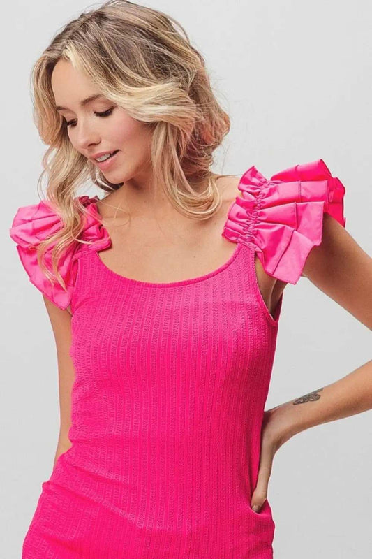 BiBi Ruffled Shoulder Strap Rib Texture Top - Trendsi - Flyclothing LLC