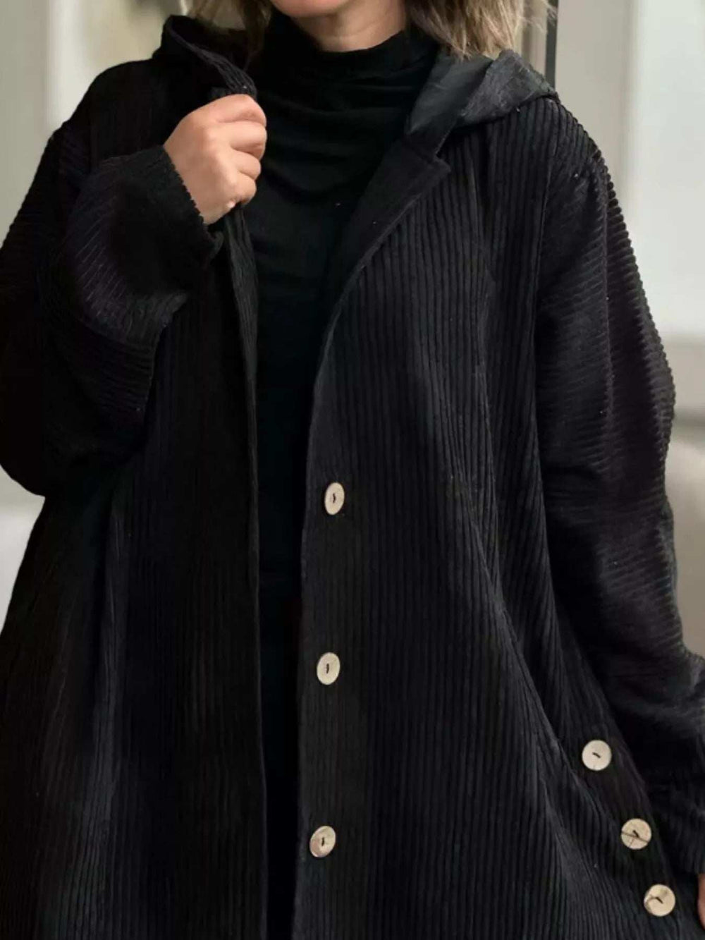 Full Size Corduroy Hooded Button-Up Jacket Plus Size - Trendsi - Flyclothing LLC