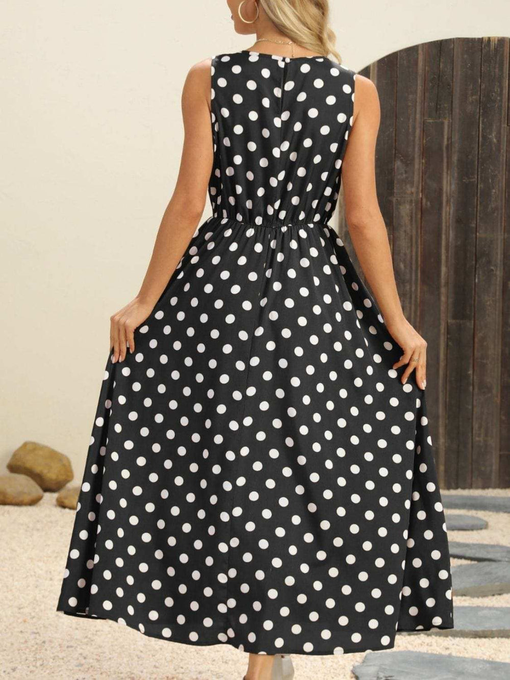 Polka Dot Round Neck Sleeveless Midi Dress - Trendsi - Flyclothing LLC