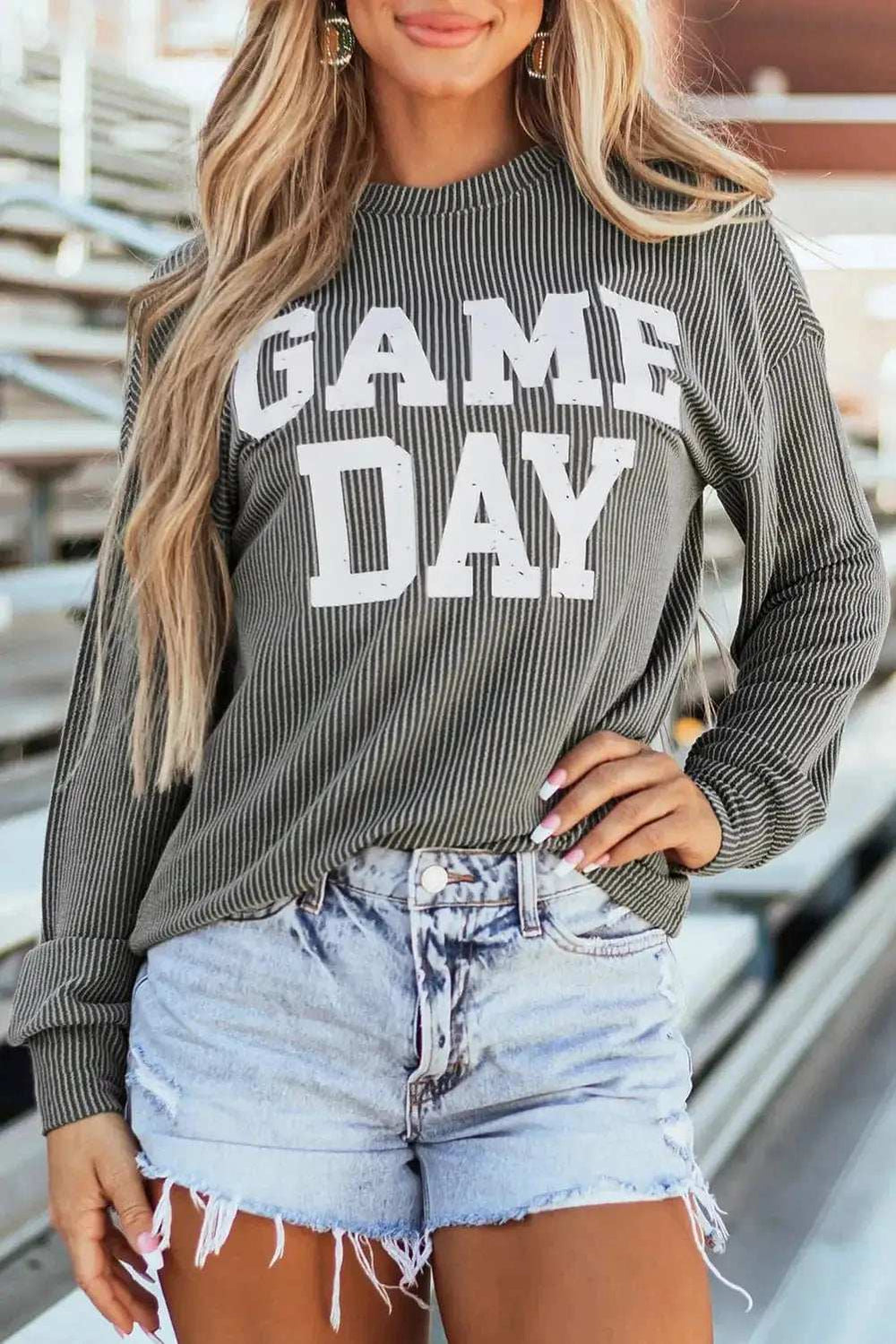 GAME DAY Striped Round Neck Long Sleeve Top - Trendsi - Flyclothing LLC