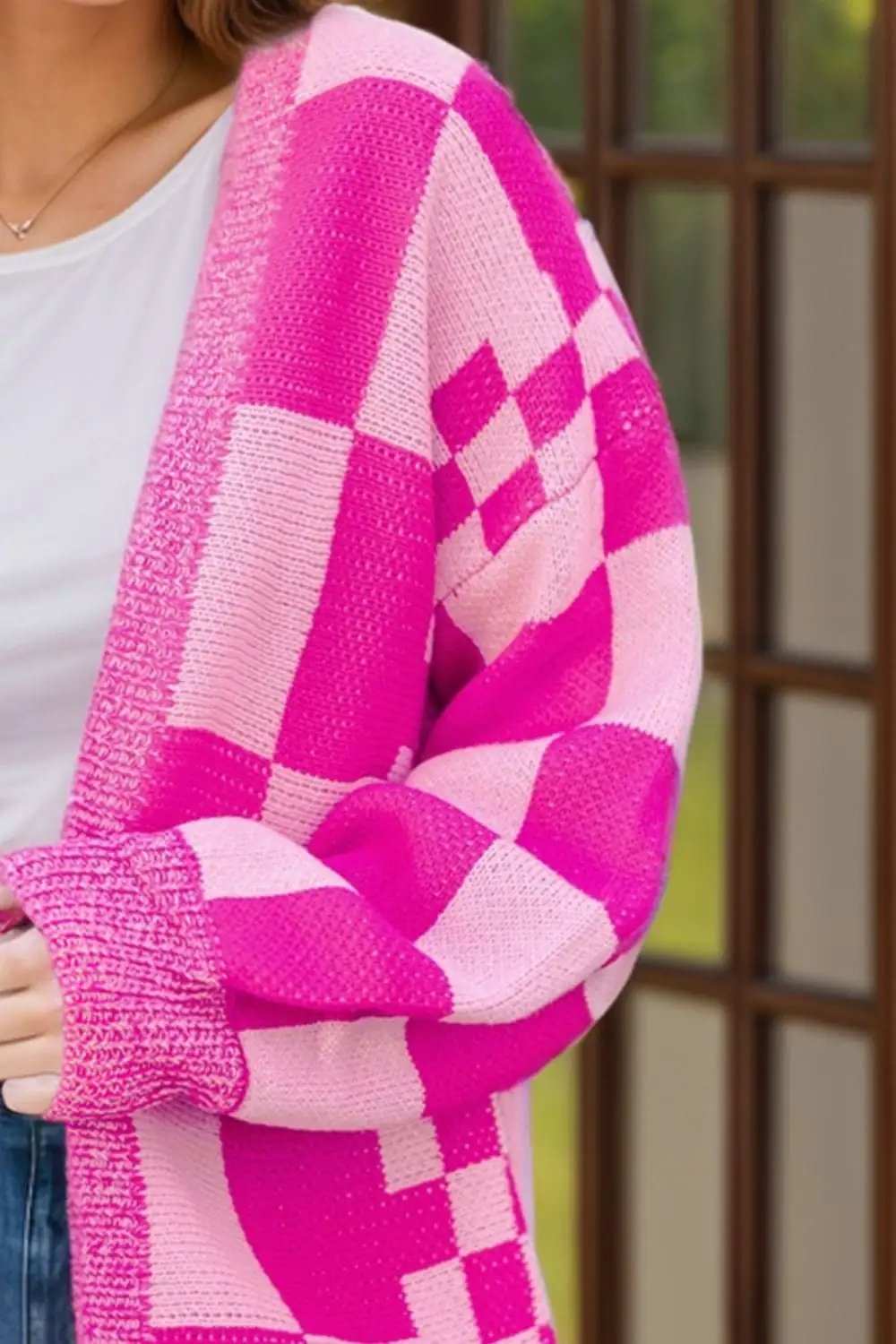 Checkered Open Front Long Sleeve Cardigan - Trendsi - Flyclothing LLC