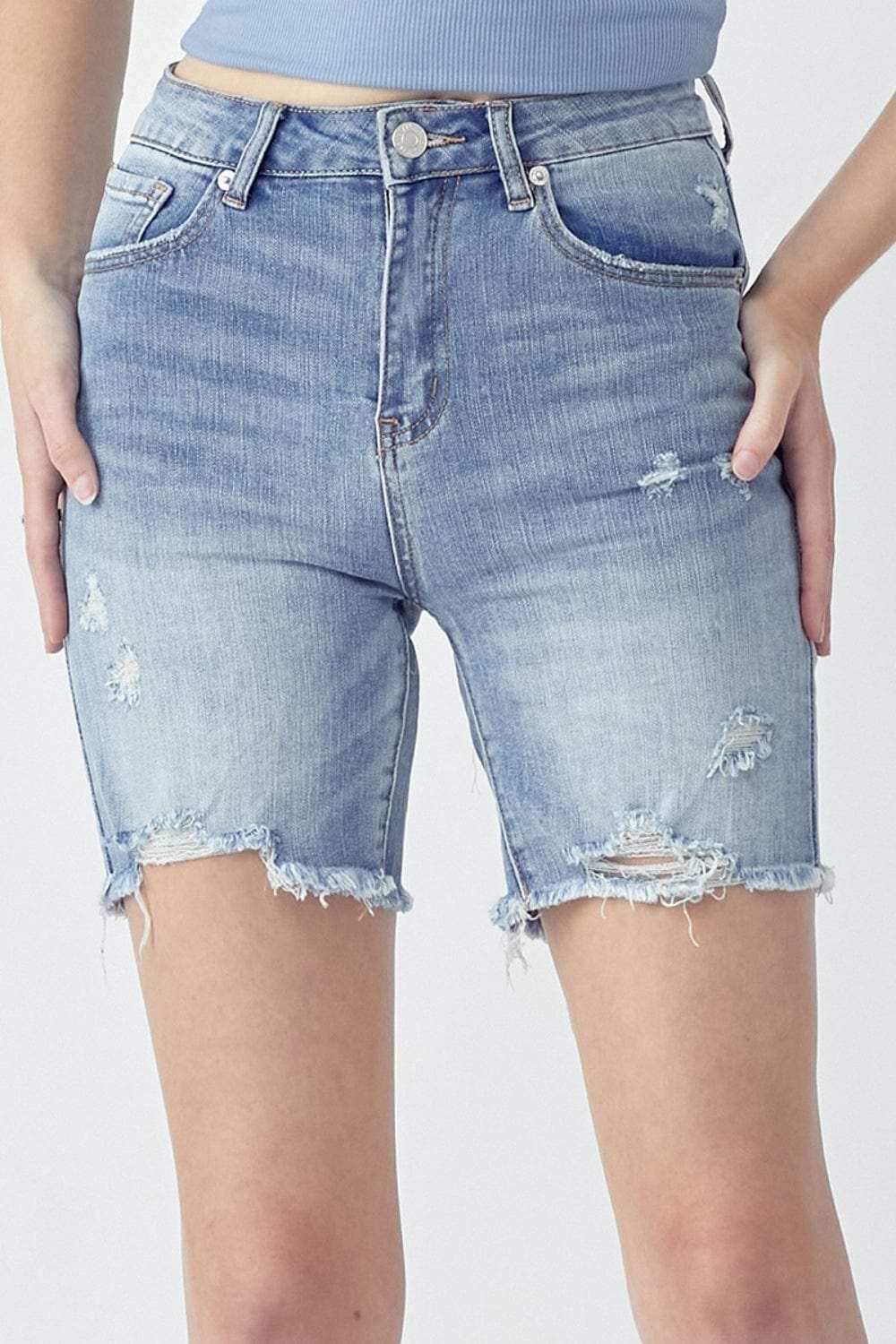RISEN High Rise Distressed Denim Shorts - Trendsi - Flyclothing LLC