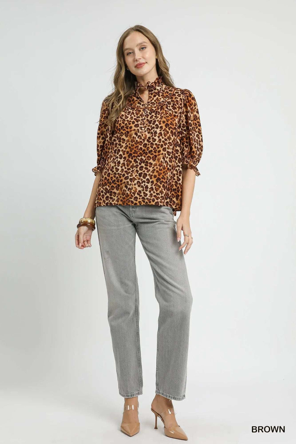 Umgee Full Size Leopard Print Ruffle Neck Blouse Plus Size - Trendsi - Flyclothing LLC