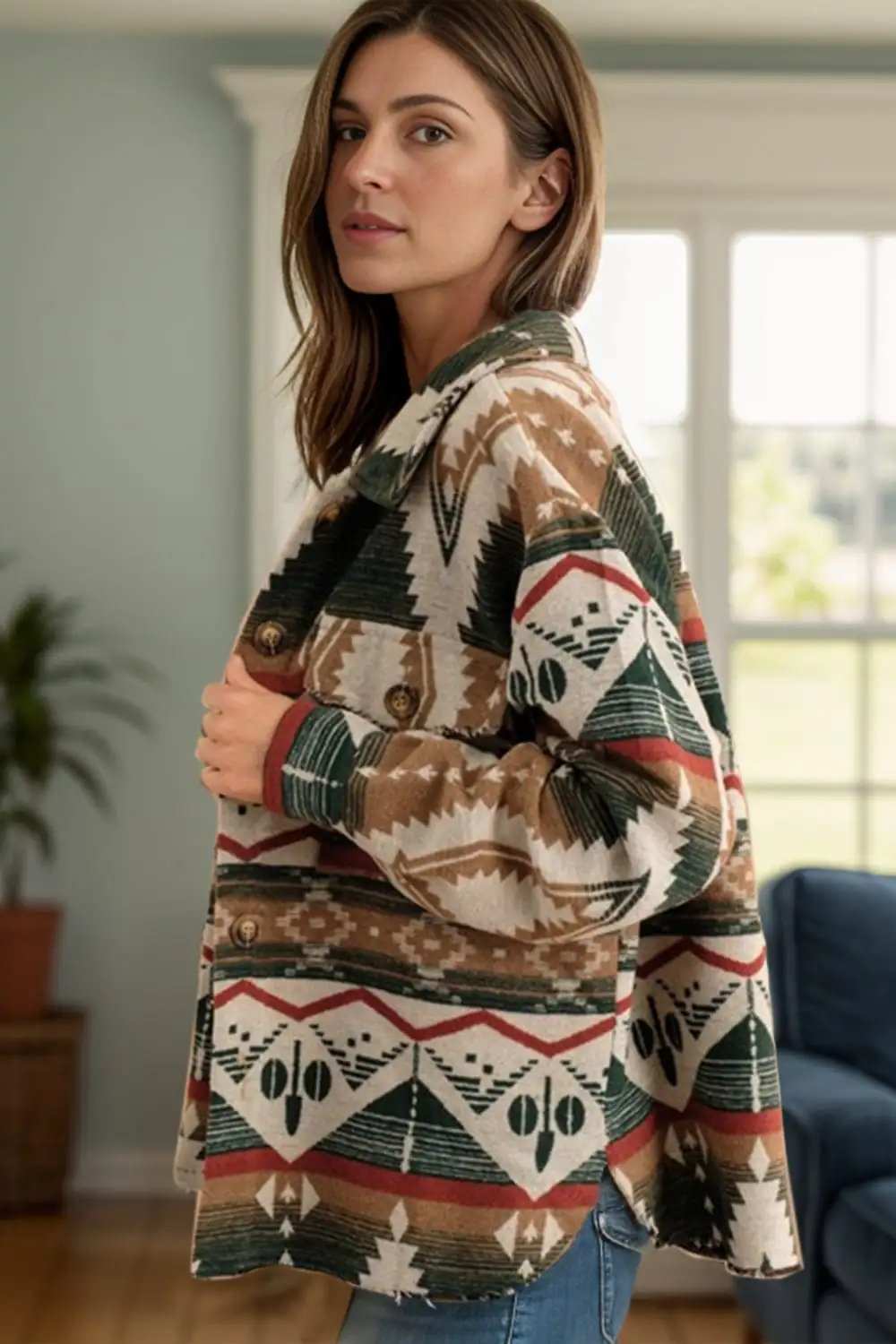 Geometric Button Up Long Sleeve Jacket - Trendsi - Flyclothing LLC