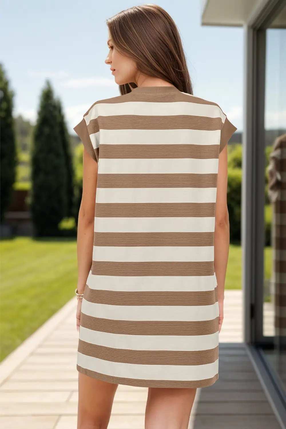 Striped Round Neck Cap Sleeve Mini Dress - Trendsi - Flyclothing LLC