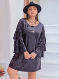 Plus Size Round Neck Flounce Sleeve Mini Dress - Trendsi - Flyclothing LLC