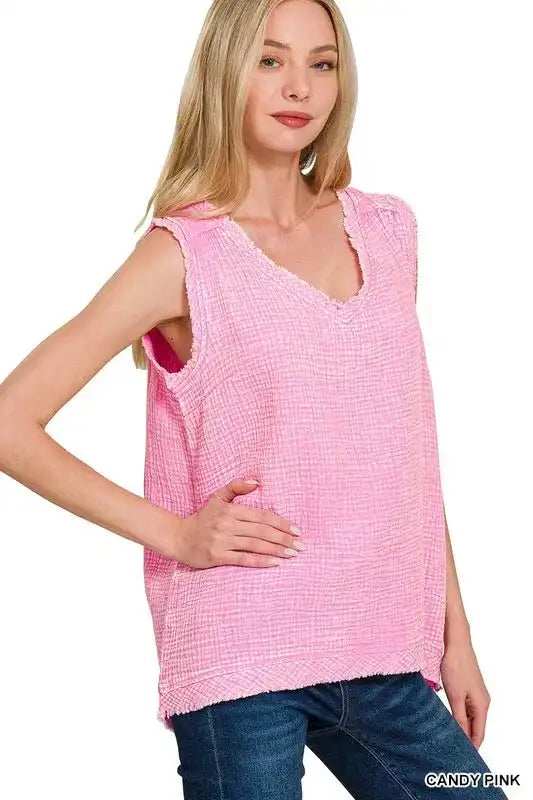 Zenana Double Gauze Raw Edge Acid Washed Tank - Trendsi - Flyclothing LLC