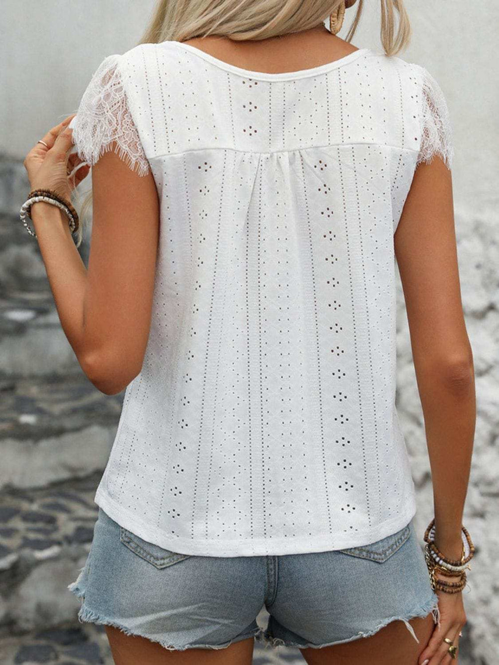Eyelet Lace Detail V-Neck Cap Sleeve Top - Trendsi - Flyclothing LLC