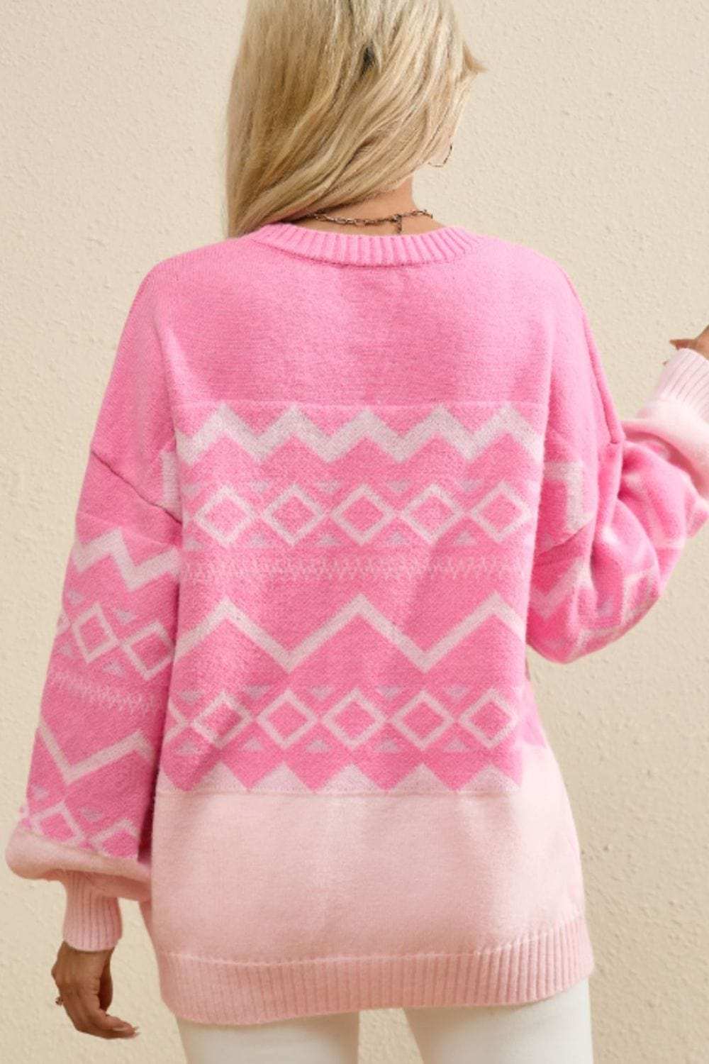 Geometric Drop Shoulder Long Sleeve Sweater - Trendsi - Flyclothing LLC