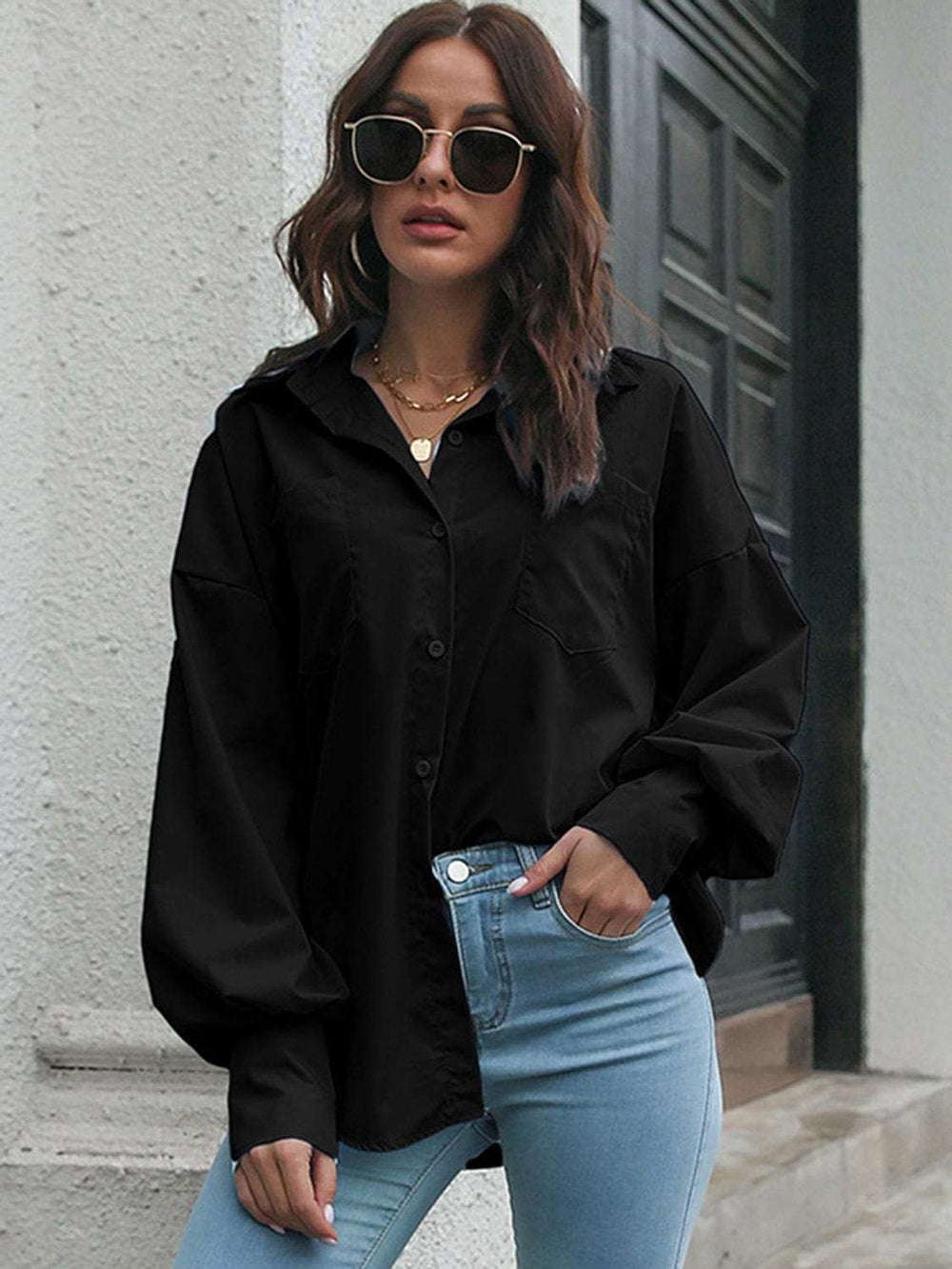 Button Up Dropped Shoulder Lantern Sleeve Shirt - Trendsi - Flyclothing LLC