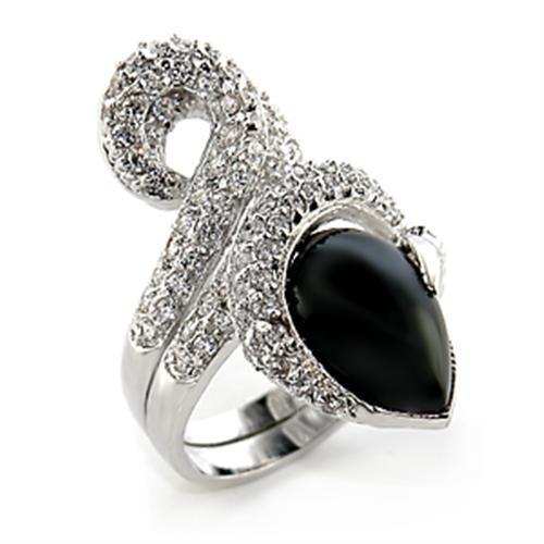 80207 - Rhodium Brass Ring with Semi-Precious Agate in Jet - Alamode - Flyclothing LLC
