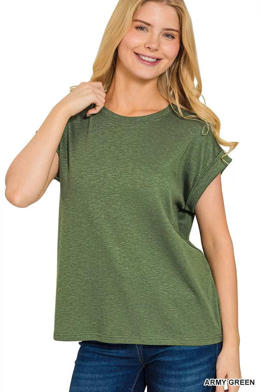 Zenana Cotton Modal Slub Rolled Sleeve T-Shirt - Trendsi - Flyclothing LLC