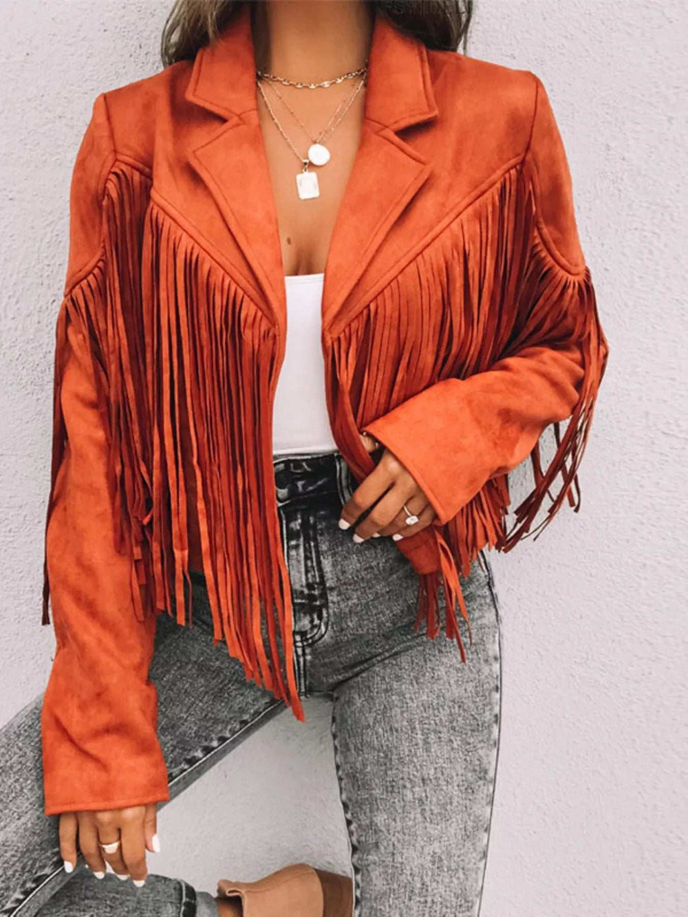 Fringe Open Front Cropped Jacket - Trendsi - Flyclothing LLC