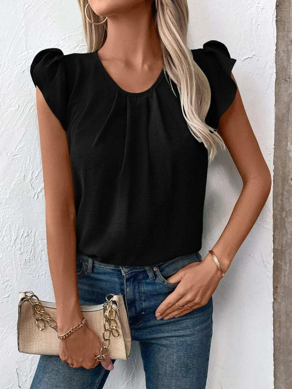 Ruched Round Neck Cap Sleeve Blouse - Trendsi - Flyclothing LLC