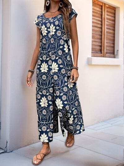 Perfee Printed Round Neck Cap Sleeve Wide Leg Jumpsuit - Trendsi - Flyclothing LLC