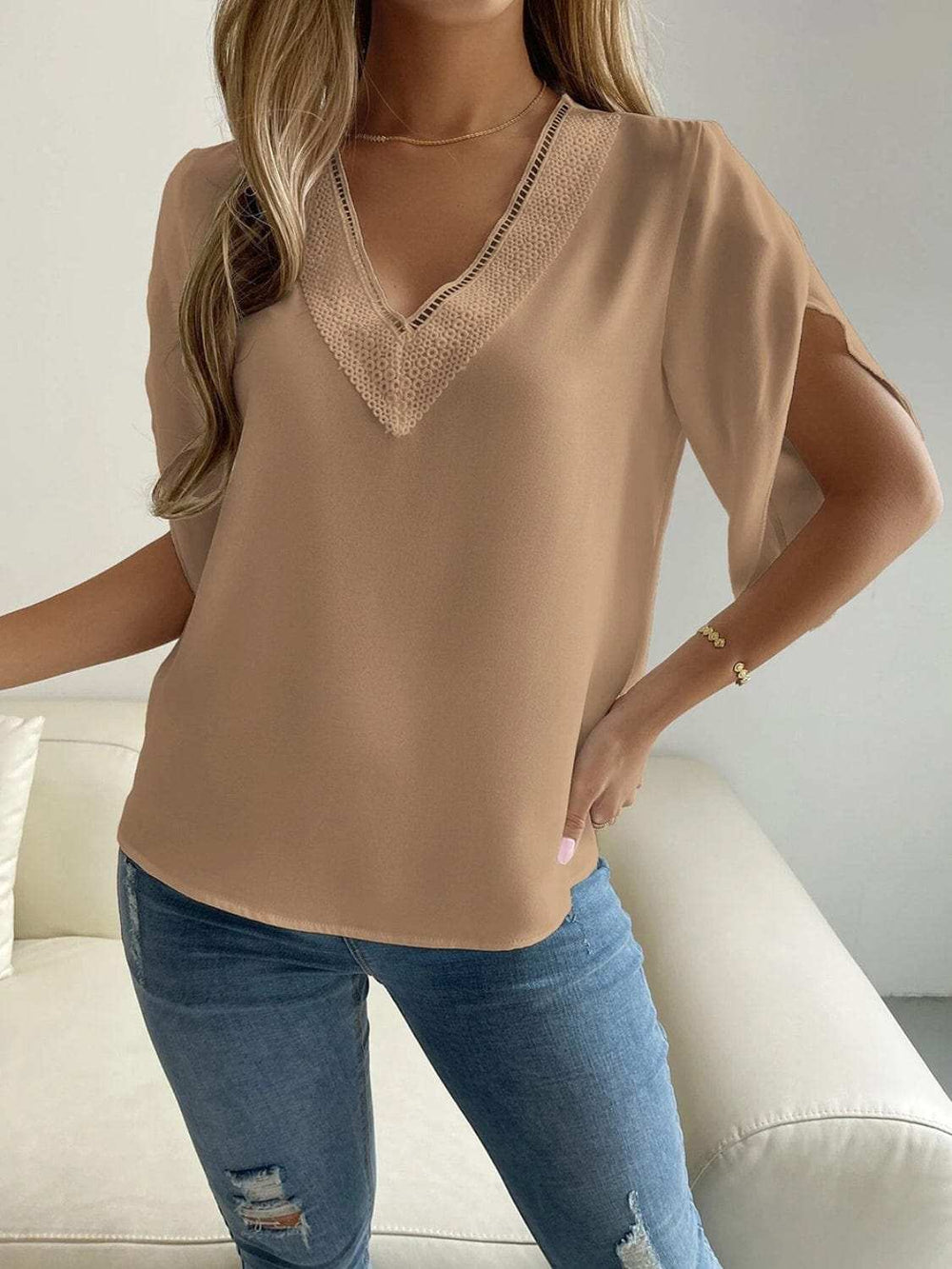 V-Neck Short Sleeve Blouse - Trendsi - Flyclothing LLC
