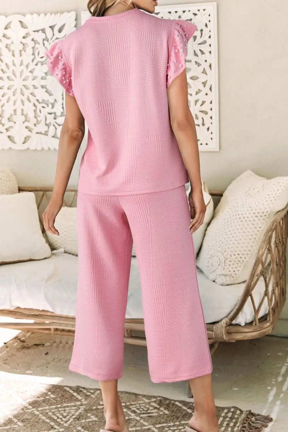 Textured Pearled Ruffled Sleeve Top and Wide Leg Pants Set - Trendsi - Flyclothing LLC