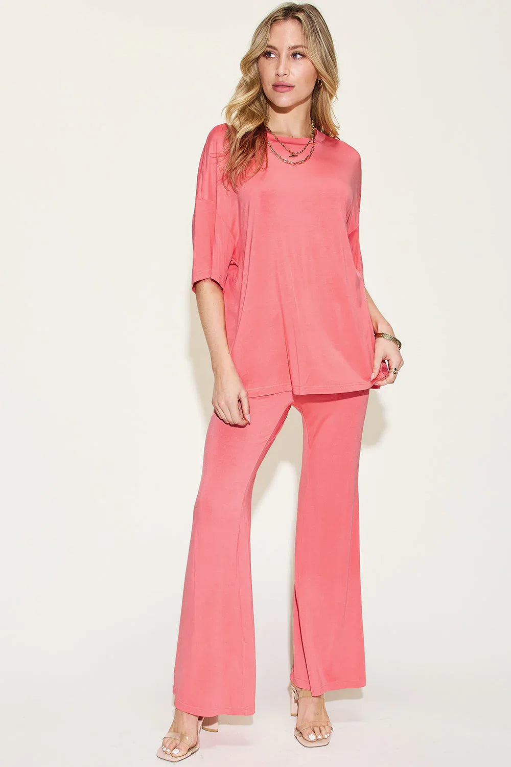 Basic Bae Full Size Bamboo Drop Shoulder T-Shirt and Flare Pants Set - ShopBasicbae - Flyclothing LLC