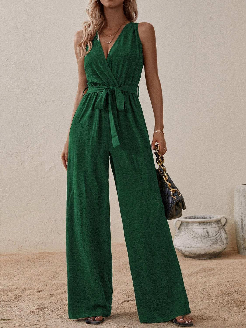 Tied Surplice Sleeveless Wide Leg Jumpsuit - Trendsi - Flyclothing LLC