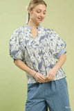 Umgee Mixed Print Puff Sleeve Split Neck Top - Trendsi - Flyclothing LLC