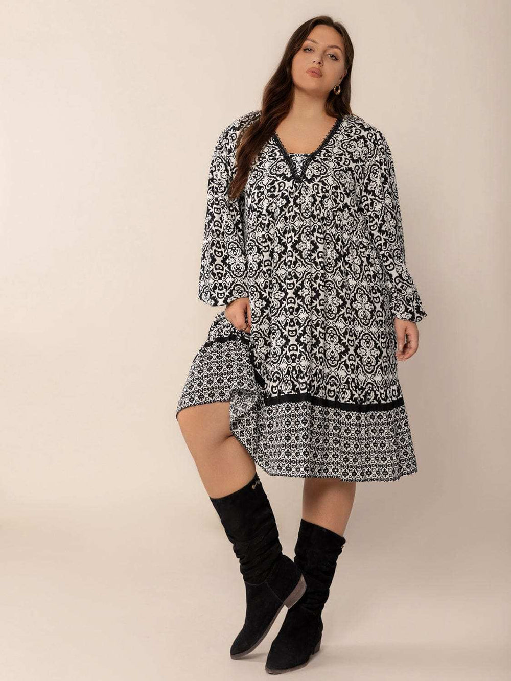 Plus Size Lace Detail Printed Balloon Sleeve Dress - Trendsi - Flyclothing LLC