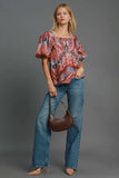 Umgee Full Size Abstract Print Smocked Square Neck Puff Sleeve Blouse - Trendsi - Flyclothing LLC