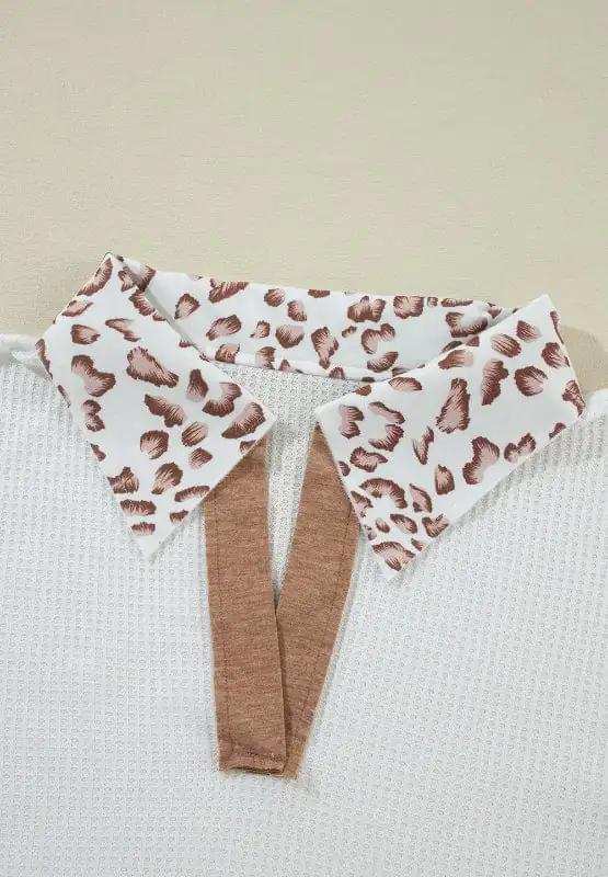 Waffle-Knit Leopard Johnny Collar Long Sleeve Top - Trendsi - Flyclothing LLC
