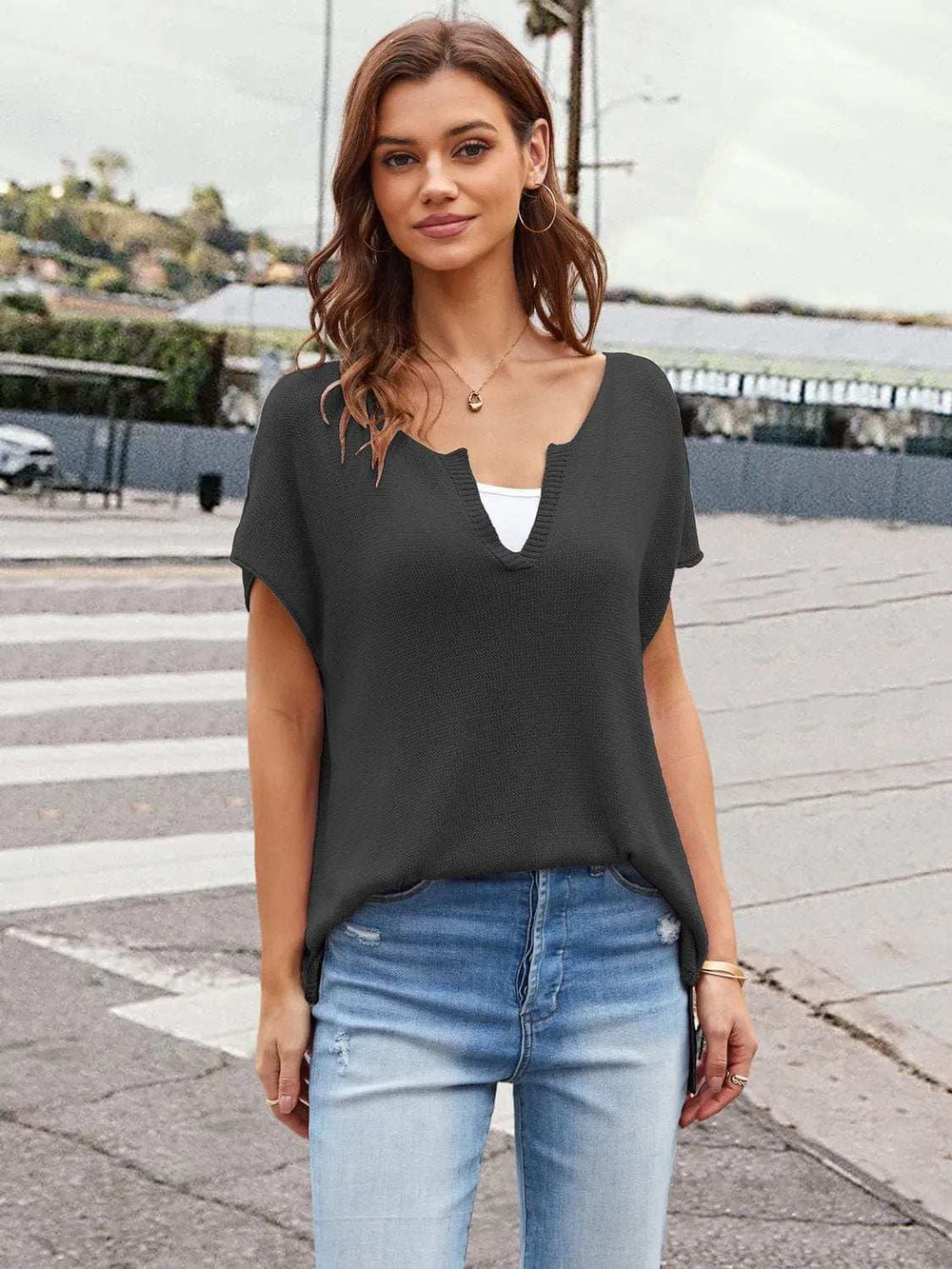 Notched Short Sleeve Knit Top - Trendsi - Flyclothing LLC