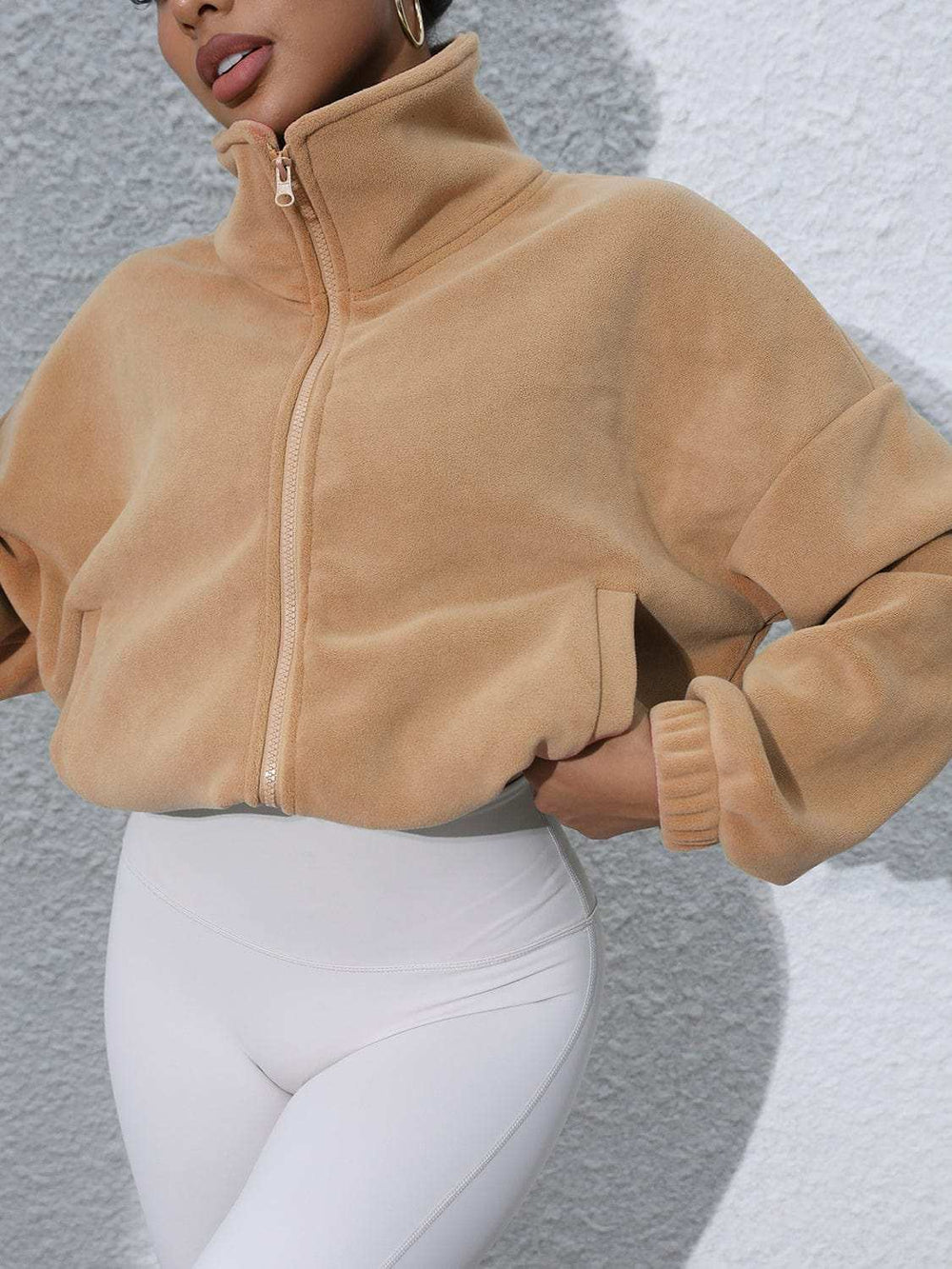 Drawstring Turtleneck Zip Up Long Sleeve Jacket - Trendsi - Flyclothing LLC