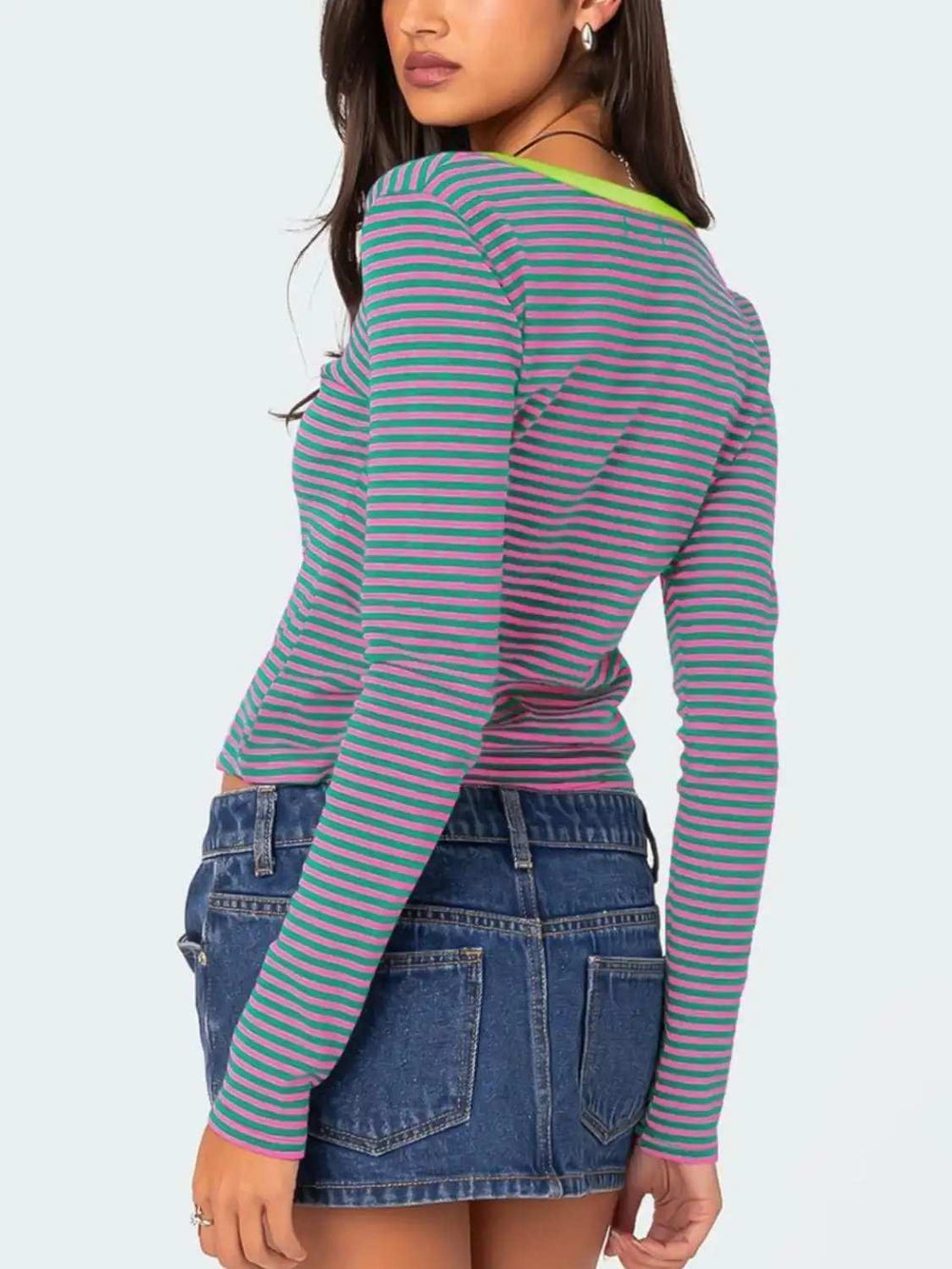 Buttoned Striped Long Sleeve T-Shirt - Trendsi - Flyclothing LLC
