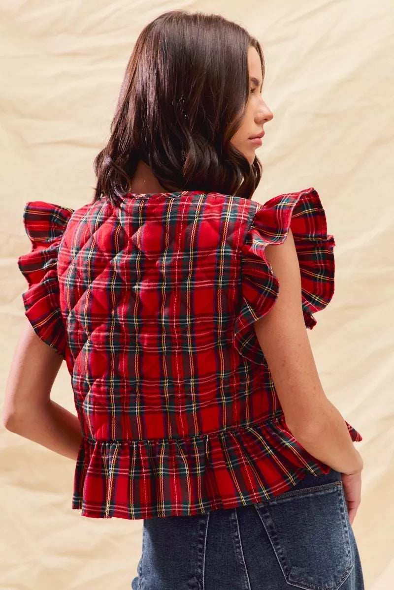 SO ME Christmas Holiday Plaid Ruffled Quilt Vest Top - Trendsi - Flyclothing LLC