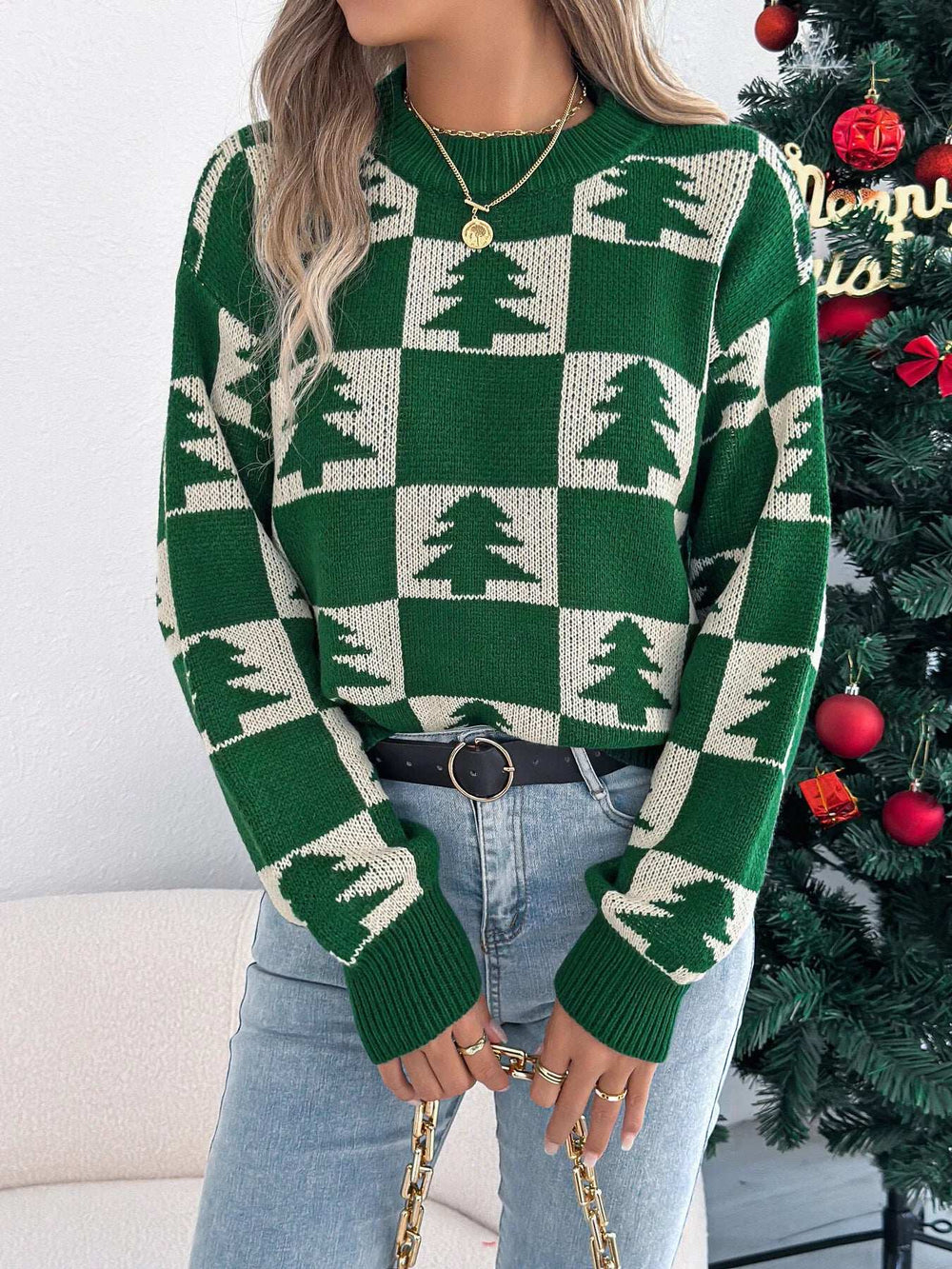 Christmas Tree Checkerboard Pattern Sweater - Trendsi - Flyclothing LLC