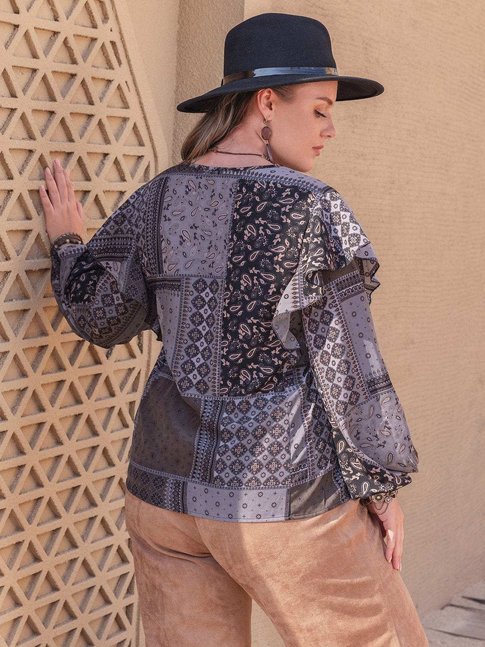 Plus Size Ruffled Printed Notched Long Sleeve Blouse - Trendsi - Flyclothing LLC