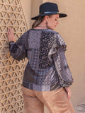 Plus Size Ruffled Printed Notched Long Sleeve Blouse - Trendsi - Flyclothing LLC