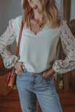 V Neck Lace Balloon Sleeve Blouse - Trendsi - Flyclothing LLC