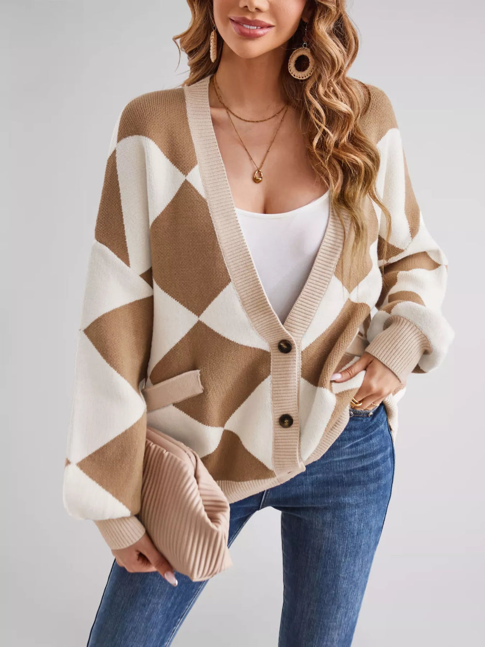 Diamond Pattern Button-Up Knit Cardigan - Trendsi - Flyclothing LLC