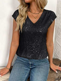 Sequin V-Neck Cap Sleeve Top - Trendsi - Flyclothing LLC