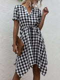Plaid Notched Short Sleeve Dress - Trendsi - Flyclothing LLC